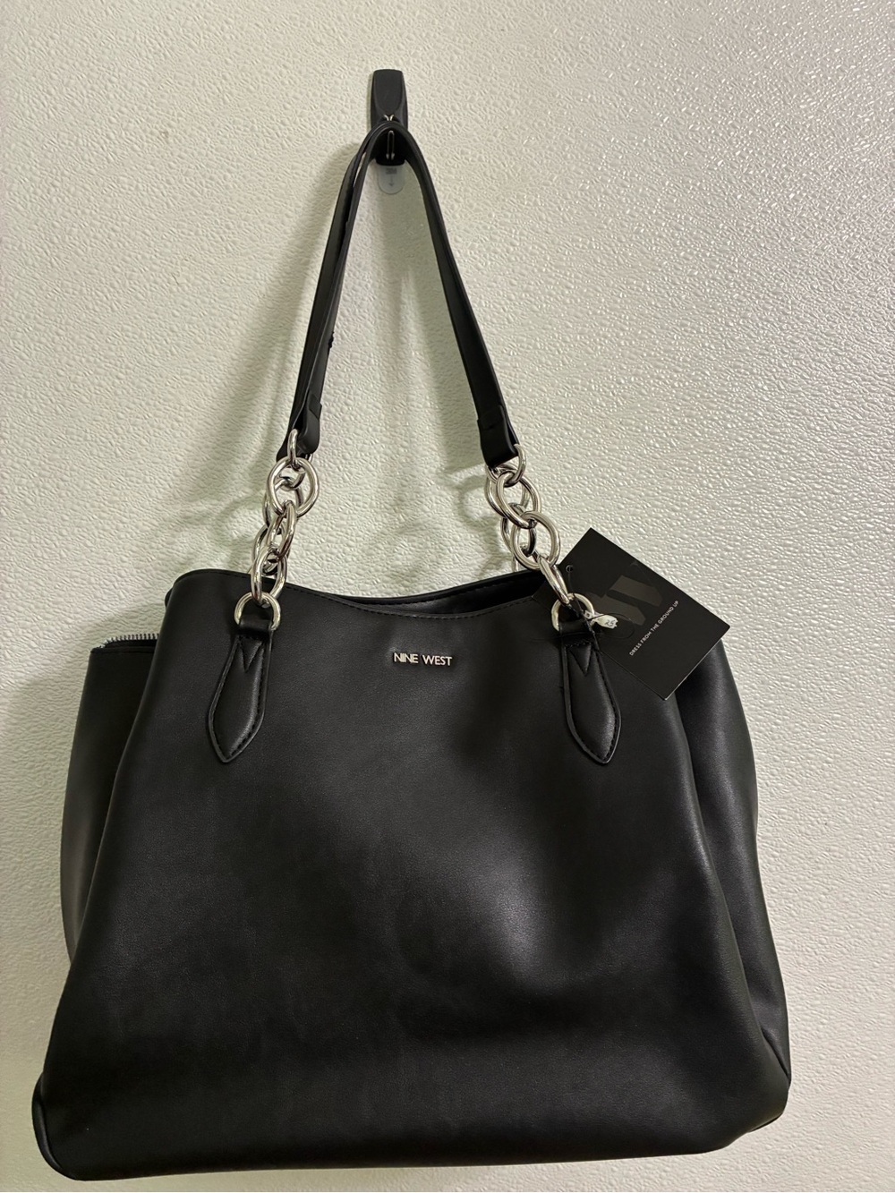 NWT Roomy  Nine West Black Shoulder Tote with Silver Chain Accents